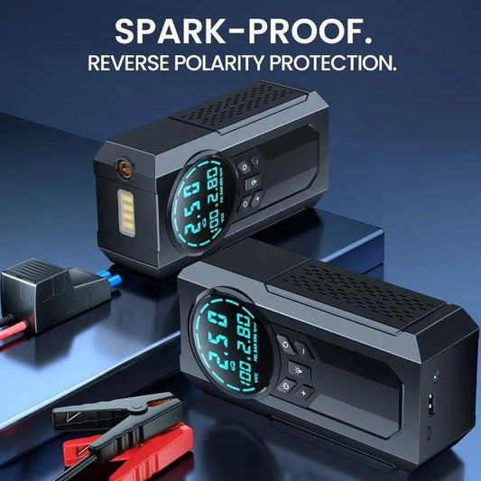 Démarreur de batterie de voiture portable 4-en-1 avec compresseur d’air, power bank et lampe LED – Batterie au lithium